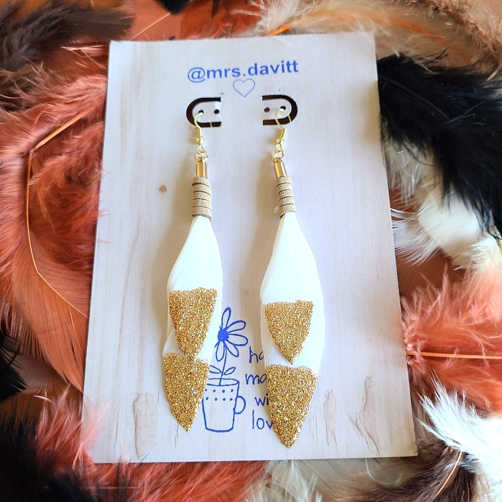 Boho feather tribal fusion earrings gold white